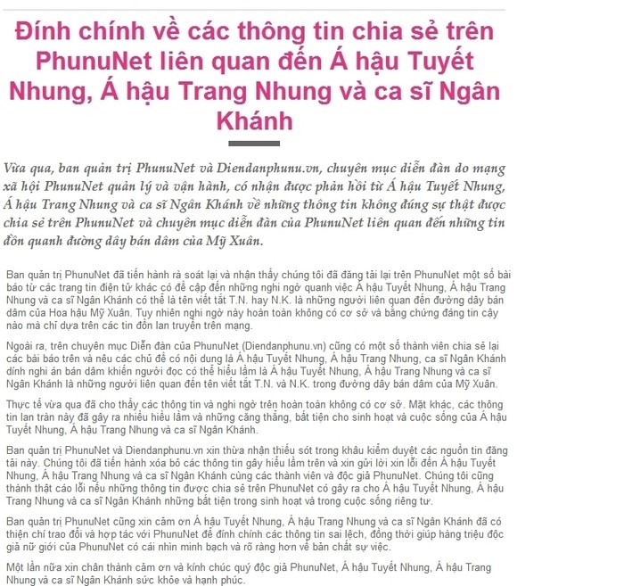 Bài cải chính xin lỗi Trang Nhung, Tuyết Nhung, Ngân Khánh