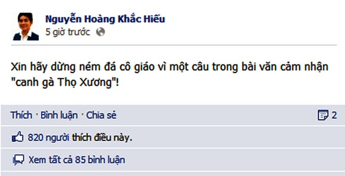 Thầy giáo trẻ Nguyễn Hoàng Khắc Hiếu mong mọi người hãy ngừng "ném đá" cô Thủy trên facebook cá nhân của mình.