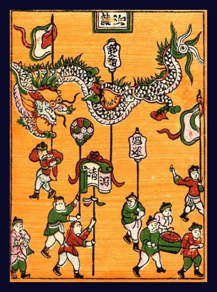 Tranh "Múa rồng" với hình ảnh cho thấy quang cảnh một đám múa rồng trong ngày Hội Xuân.