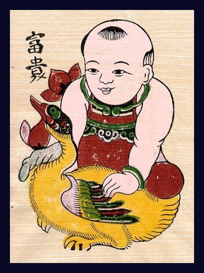 Tranh "Phú quí" với hình ảnh em bé gái ôm vịt tượng trưng cho ước muốn duyên dáng, dịu hiền, sinh nhiều. Bông hoa sen phía sau tượng trưng cho sự trinh trắng