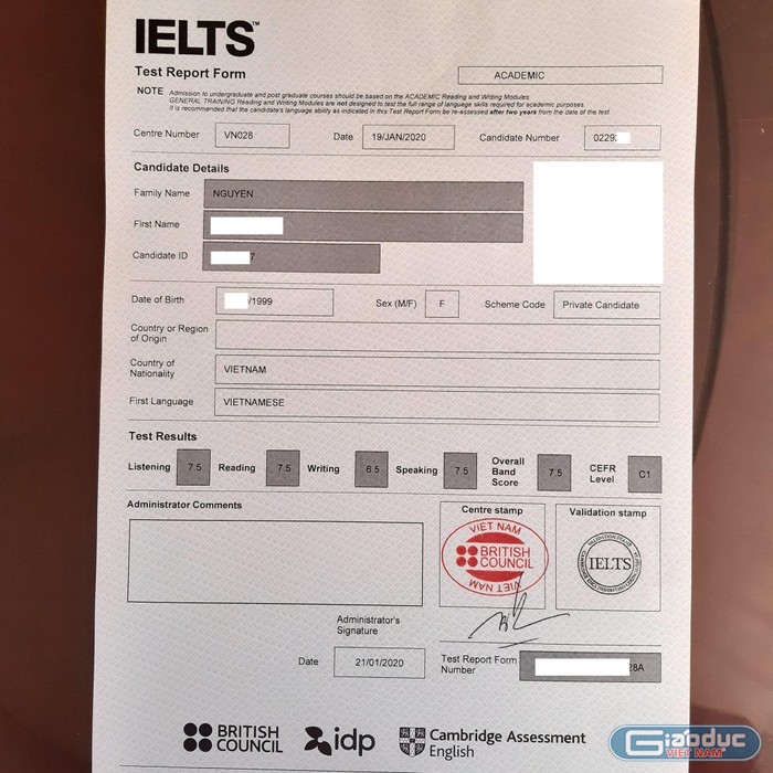 Học lớp 12 đã có IELTS 7.5 dù không dùng để xét tuyển đại học (Ảnh tác giả cung cấp)