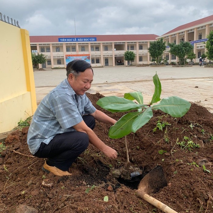 Thầy giáo Hồ Viết Tiến đang trồng cây bàng vuông, quà tặng của Thượng úy Bùi Anh Tuấn