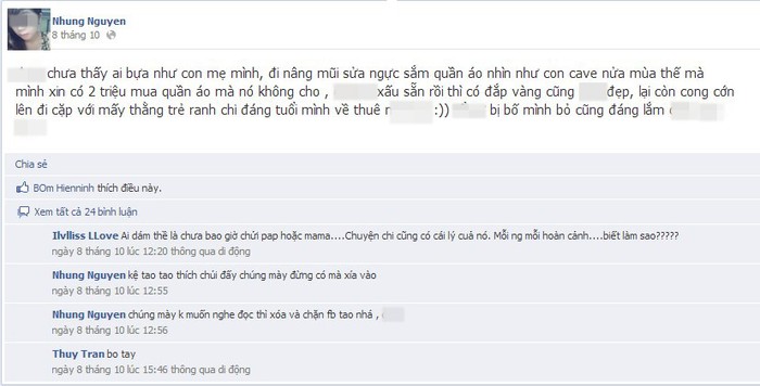 Facebook chửi mẹ của Nguyen Nhung và dưới là những lời rủa xả của Nguyen Nhung dành cho những ý kiến không đồng tình.
