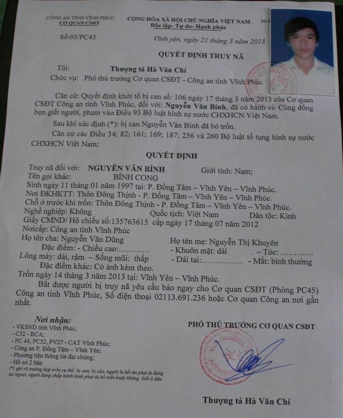 Quyết định truy nã Nguyễn Văn Bính - nghi can thứ 6 trong vụ án mạng tại Vĩnh Phúc.