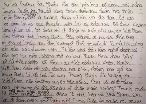 Một đoạn trong bức thư gửi ông Tập Cận Bình của em học sinh lớp Trí Đức 4H2
