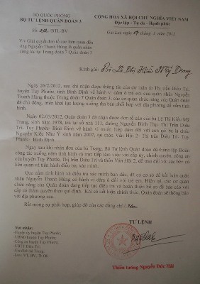 Công văn của Bộ Tư lệnh Quân đoàn 3 do Thiếu tướng Nguyễn Đức Hải ký