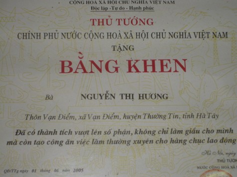 Bằng khen của Thủ tướng Chính phủ tặng chị Nguyễn Thị Hương vì đã có thành tích vượt khó vươn lên trong cuộc sống cũng như trong lao động sản xuất.