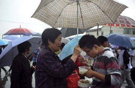 Bà cầm ô che cho cháu trai ăn trưa ở cổng trường thi