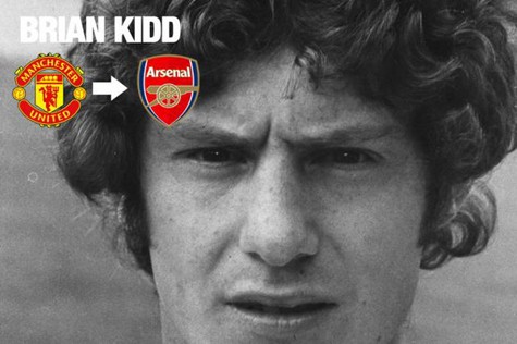 Brian Kidd ( từ M.U tới Arsenal): Kidd đã kỉ niệm sinh nhật lần thứ 19 của mình bằng 1 bàn thắng trong trận chung kết Cúp C1 với Benfica vào năm 1968. Đó cũng là trận đấu mà “Quỷ đỏ’ đã giành chiến thắng và đăng quang ở giải đấu này.Sau hơn 200 trận thi đấu cho M.U, Kidd đã chuyển sang Arsenal với mức phí 110.000 bảng vào năm 1974. Trong khoảng thời gian thi đấu cho Arsenal, Kidd đã có 30 bàn thắng trong 77 lần ra sân. Hiện giờ ông đang là trợ lí của HLV Roberto Mancini.