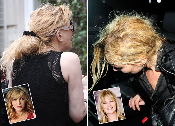 Kate Moss (ảnh phải) ra phố với mái tóc tơi bời sau cơn say rượu.