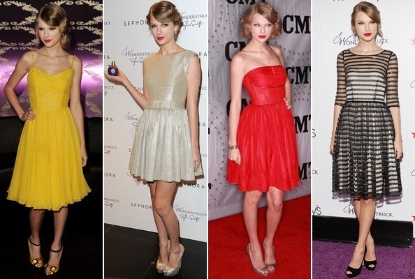 Phong cách thời trang được Taylor Swift lựa chọn nhiều nhất trong năm 2011 là những chiếc váy ôm sát cơ thể hoặc có độ xòe phần chân váy và chiều dài không quá đầu gối. Gu màu sắc của diva nhạc đồng quê nước Mỹ cũng rất đa dạng từ màu sắc sặc sỡ, lấp lánh, đến màu tối như đen và xám, khiến thân hình trông đầy đặn hơn. Xem thêm: Diễm My 9X e ấp cùng váy hoa/Sao Việt với váy vintage style