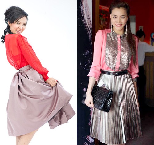 Ca sĩ Phương Linh và siêu mẫu Trang Nhung xinh tươi trong chiếc váy midi bồng bềnh hay xếp ly điệu đà.