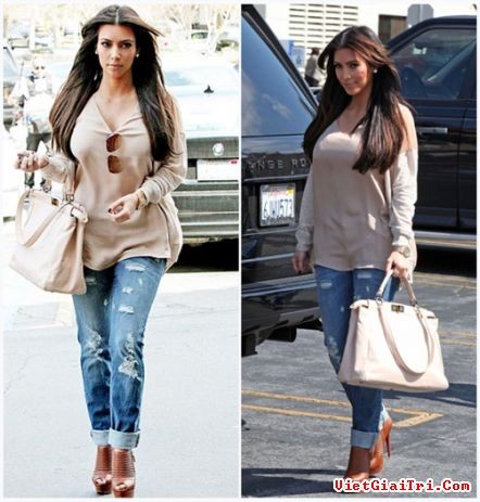 Cô nàng có chiều cao khiêm tốn và vòng 3 nóng bỏng - Kim Kardashian đặc biệt yêu thích style này. Ảnh: Vietgiaitri Xem thêm: Sao mặc jeans loe/Quần ống rộng/Phong cách baggy jeans