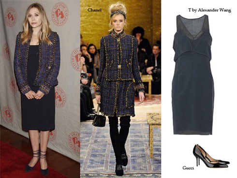 Elizabeth Olsen thể hiện đẳng cấp với áo vest của Chanel. Cô được đánh giá cao khi diện kèm váy cùng tông màu của Alexander Wang. Xem thêm: Xu hướng thời trang Hè/Xu hướng tóc Hè
