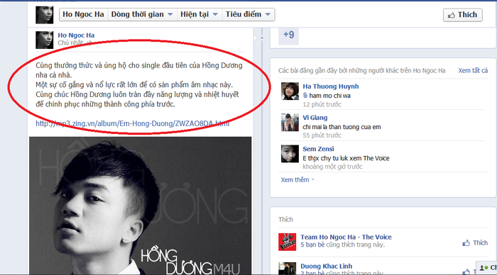 Hà Hồ kêu gọi ủng hộ cho album mới của Hồng Dương trên facebook.