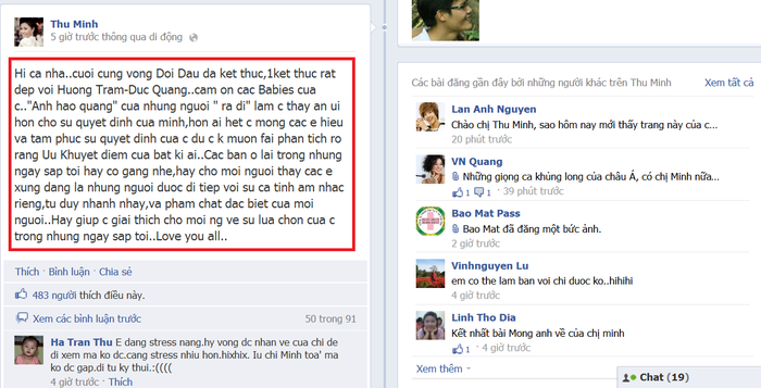 Dòng tâm sự của HLV Thu Minh trên facebook cá nhân.