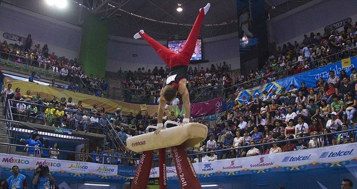 Jason Scott (Canada) biểu diễn trên gỗ tay quay ở môn thể dục dụng cụ tại Đại hội thể thao châu Mỹ