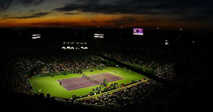 Một góc nhìn từ trên không nhà thi đấu Crandon Park, nơi diễn ra trận đấu giữa Novak Djokovic và David Ferrer trong khuôn khổ giải Sony Ericsson Open