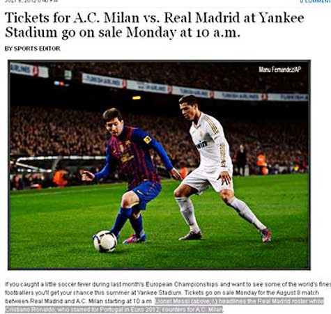 Phần bôi đen ghi rõ Lionel Messi dẫn đầu Real Madrid để đối đầu AC Milan của.... Cristiano Ronaldo