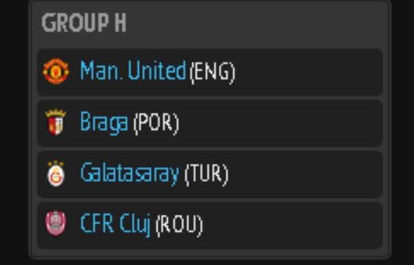 Bảng H: Man Utd (Anh) – Braga (Bồ Đào Nha) – Galatasaray (Thổ Nhĩ Kỳ) – CFR Cluj (Thổ Nhĩ Kỳ)