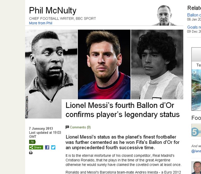 Trên trang web của BBC, tác giả Phil McNulty giật tiêu đề: “Quả bóng Vàng thứ 4 khẳng định huyền thoại Lionel Messi”. Ông còn viết thêm: “Một điềm không may cho Cristiano Ronaldo, đó là phải chơi bóng trong thời đại của Messi”.