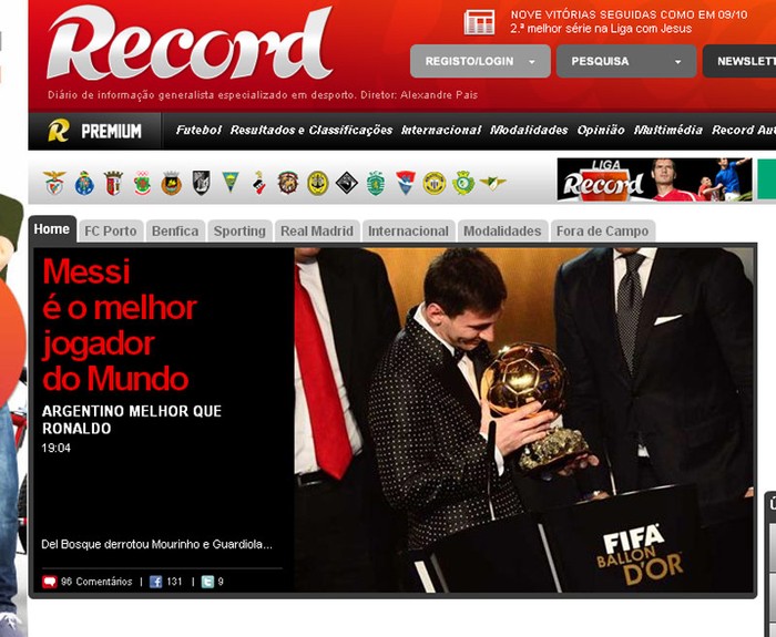 Tờ Record của Bồ Đào Nha công nhiên ghi trên tiêu đề: “Lionel Messi cầu thủ xuất sắc nhất thế giới, giỏi hơn Ronaldo”.