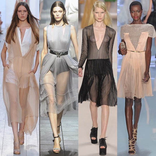 Những chiếc váy lụa xếp li mềm mại tạo dáng đi uyển chuyển của Chloé, Lanvin, Akris, Dior.