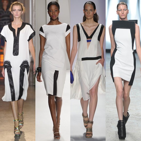 Kiểu váy trắng cùng viền thô màu đen của Rue du Mail, Carolina Herrera, BCBG, Gareth Pugh.