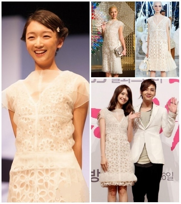Cả Châu Đông Vũ và Yoona đều là những cô gái có vẻ đẹp thanh thuần, dễ thương nên váy trắng ren hoa rất hợp với hai người đẹp. Xem thêm: Sao Hàn "giơ" bằng chứng: Tôi đẹp hoàn toàn tự nhiên (P2)