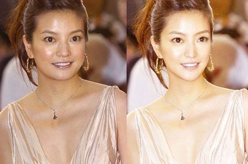Sử dụng công nghệ photoshop khiến khuôn mặt của Triệu Vy trở nên nhỏ và nhọn hơn, mỗi nét trên khuôn mặt tinh tế hơn rất nhiều.
