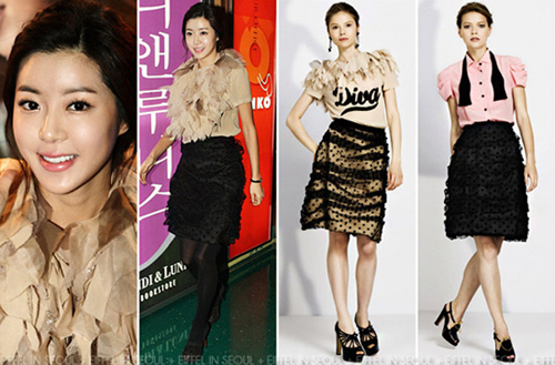 Trang phục điệu đà của nữ diễn viên kiêm người mẫu Park Han Byul có trong bộ sưu tập Resort 2012 của Moschino Cheap & Chic.