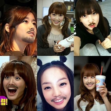 Taeyeon (SNSD), Victoria (f(x)), Ji Yeon (T-ara), Goo Hara và Ji Young (Kara)... với những hình ảnh được photoshop khá hoàn hảo và ria mép trên gương mặt của các mỹ nữ trông không vụng chút nào.