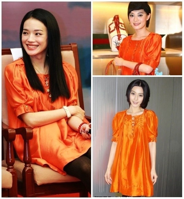 Thư Kỳ chọn đi cùng chiếc áo váy màu cam là mái tóc suôn thẳng, Tôn Lệ là mái tóc ngắn hiện đại còn Phạm Băng Băng là mái tóc buông quyến rũ.