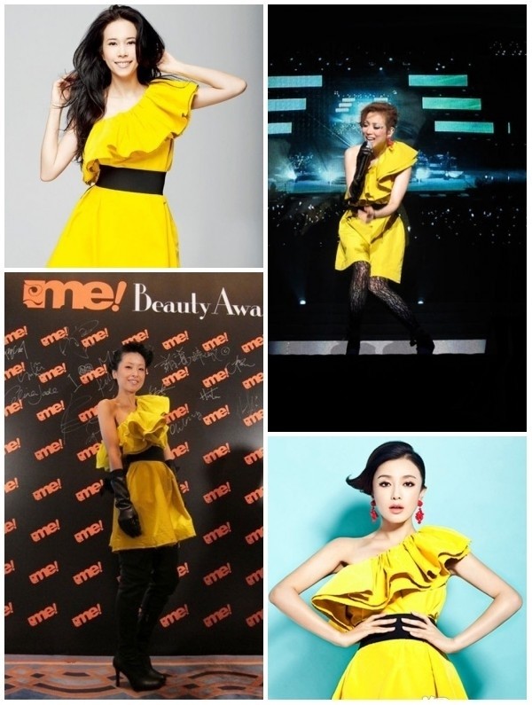Trong khi Từ Hào Oanh, Trịnh Tú Văn chọn váy vàng thắt eo đen nổi bật để lên sân khấu biểu diễn, thì Tần Lam và Mạc Văn Úy cùng chọn để tạo dáng trên báo.