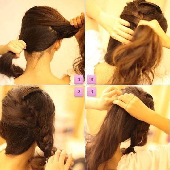 Bước đầu, chia tóc thành hai phần trên và dưới, tết gọn phần tóc phía trên lại.