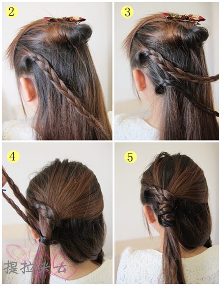 Từ sau tai trái lấy hai phần tóc nhỏ tết lại, Sau đó thả phần tóc phía trên xuống dùng hai phần tết tóc đó cuốn quanh giữ chặt.