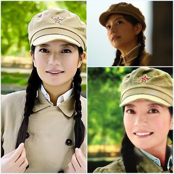 Triệu Vy Trong "Sử thi một người con gái" với hình tượng xinh xắn, dễ thương trong trang phục quân nhân với tóc hai bím.