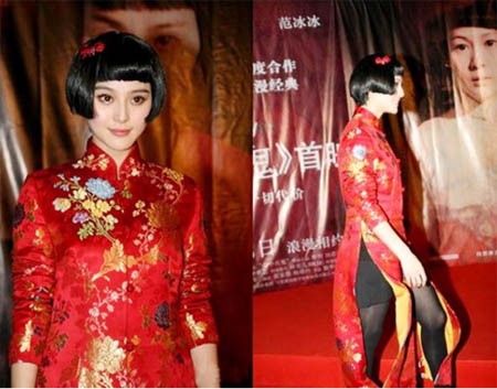 "Búp bê" Trung Quốc tóc ngắn mái ngố dễ thương nhưng thêm bộ xường xám đỏ và quần soóc đen lại biến thành kiểu thời trang không ai hiểu nổi.