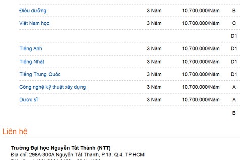 Mức học phí trên trái với thông tin đã công bố trên trang web của ĐH Nguyễn Tất Thành.