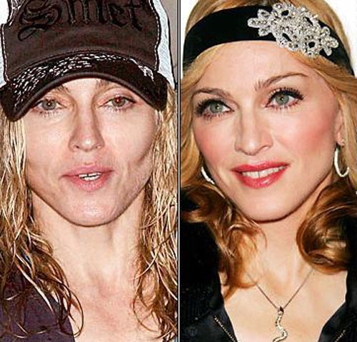 Madonna bợt lạt và dật dờ như một bóng ma khi bị tước bỏ lớp trang điểm. Xem thêm: Thảm họa thẩm mỹ của Sao/ Bí quyết chăm sóc da đẹp.