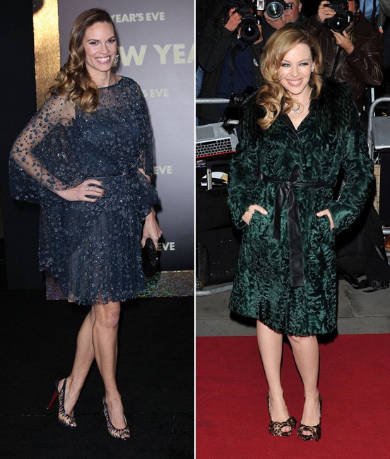 Hilary Swank và Kylie Minogue cũng mắc lỗi khi mix cao gót da báo, vằn vện cùng váy áo vốn đã rườm rà, nặng nề. Xem thêm: Thời trang Sao Hollywood/ Mặc đẹp như siêu mẫu Thanh Hằng.