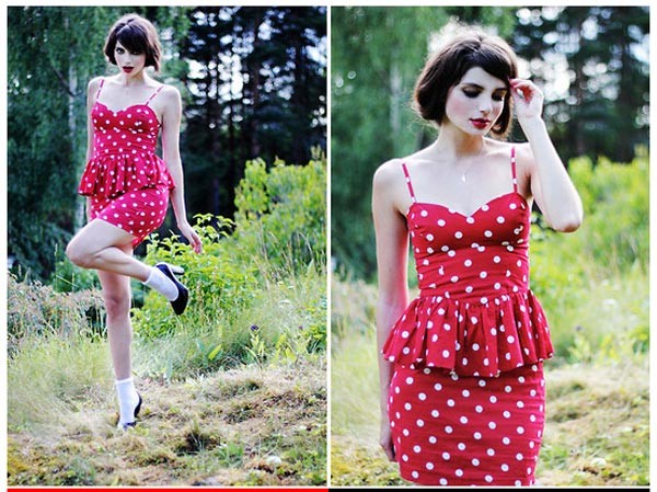 Đầm peplum màu đỏ, nổi bật chấm bi trắng mang đến cho bạn vẻ đẹp gợi cảm và sắc sảo. Xem thêm: Bộ sưu tập váy xinh dành cho bạn gái hè 2012.