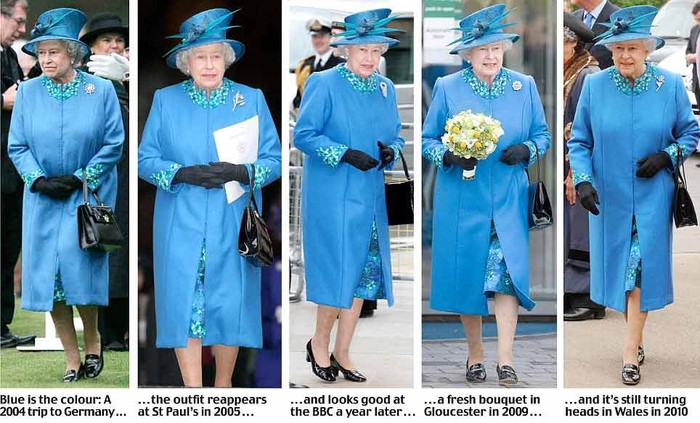 liên tục từ năm 2005 đến năm 2010, không dưới 5 lần, Nữ hoàng dùng lại chiếc áo khoác xanh da trời nổi bật.