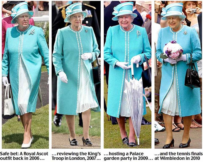 Tuy nhiên, sự thật là Nữ hoàng đáng kính đã liên tục tái chế đồ cũ. Bà không ngừng lặp đi lặp lại những trang phục cũ trong một thời gian dài, thậm chí từ năm này qua năm khác.