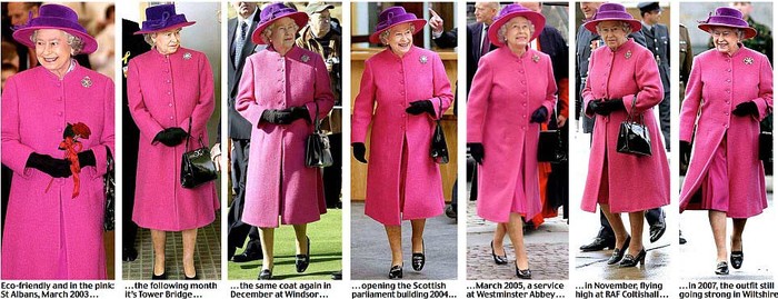 Nói có sách, mách có chứng, liên tục từ năm 2005 đến năm 2010, không dưới 5 lần, Nữ hoàng dùng lại chiếc áo khoác xanh da trời nổi bật. Những mốt váy đa sắc như hồng, hồng nhạt, xanh rêu, họa tiết in đều được mặc lại khá nhiều lần.