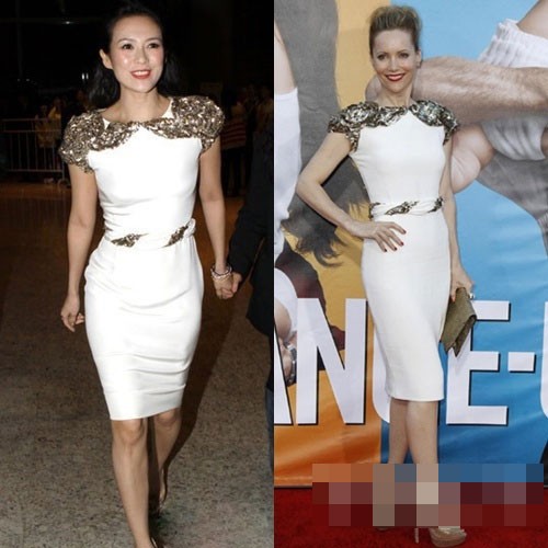 Chương Tử Di và Leslise Mann sang trọng với váy trắng hiệu Marchesa năm 2012. Xem thêm: Váy, áo "nghìn usd" của sao Việt, có đáng đồng tiền bát gạo?