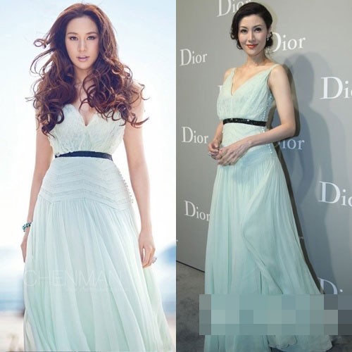 Từ Tử Kỳ, Lý Gia Hân, yêu thích chiếc váy xanh nhạt mềm mại hiệu Christian Dior 2012. Xem thêm: Váy, áo "nghìn usd" của sao Việt, có đáng đồng tiền bát gạo?