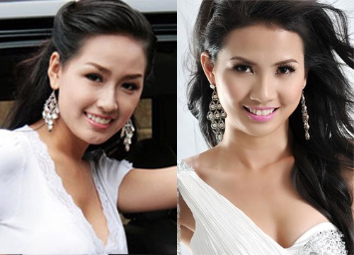 Hoa hậu Mai Phương Thúy và Phan Thị Mơ cũng có nét cười và gương mặt khá giống nhau. Xem thêm: Để tóc tết, Sao Việt ai "ngoan hiền" hơn ai? (P1)