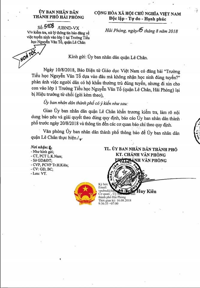 Thành phố Hải Phòng có văn bản hỏa tốc chỉ đạo kiểm tra, làm rõ vụ Trường Tiểu học Nguyễn Văn Tố không nhận học sinh đúng tuyến (Ảnh: Lã Tiến)