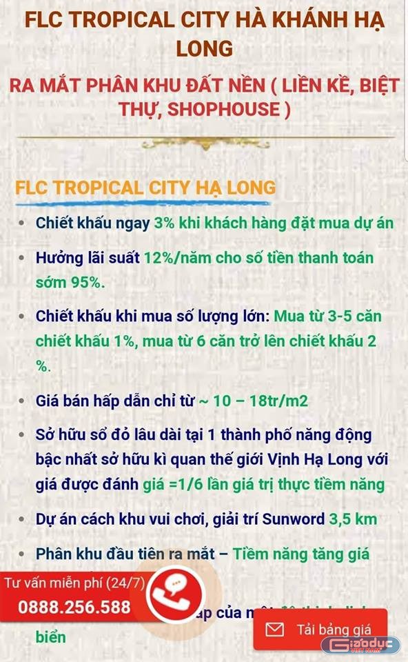 Một bảng quảng cáo cho thấy đất nền FLC ở khu đô thị tại phường Hà Khánh, thành phố Hạ Long (Quảng Ninh) đang được rao trên các trang điện tử internet (Ảnh: Lã Tiến)